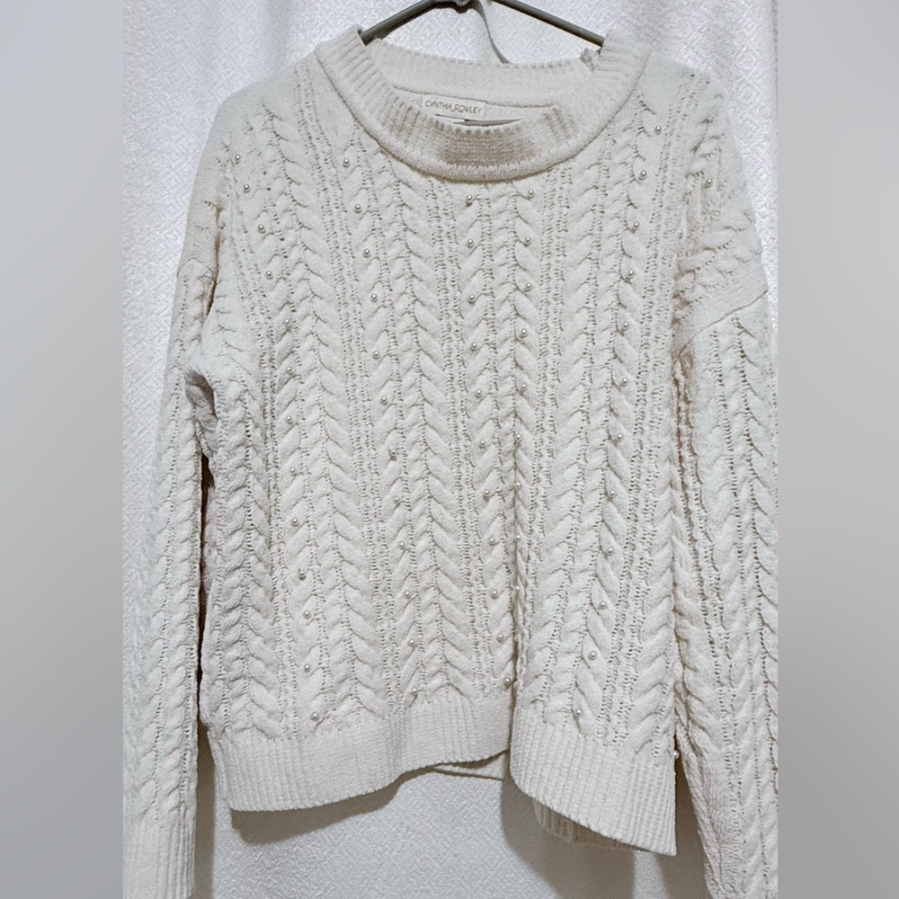Cynthia Rowley Cream Cable Knit Crew Neck Sweater